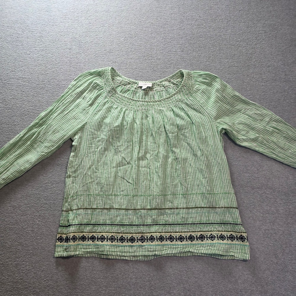 J Jill Peasant Blouse Womens S Green Striped Embroidered Boho Long Sleeve Top